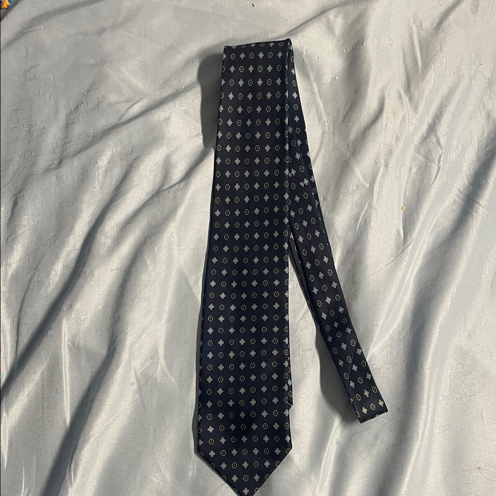 E. Marinella Navy tie with green and light blue motif. Italian elegance.